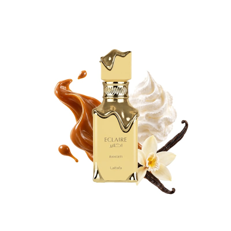 Eclaire Banoffi by Lattafa, bottle pictured with its key notes: Dulce De Leche, Vanilla and Whipped Cream