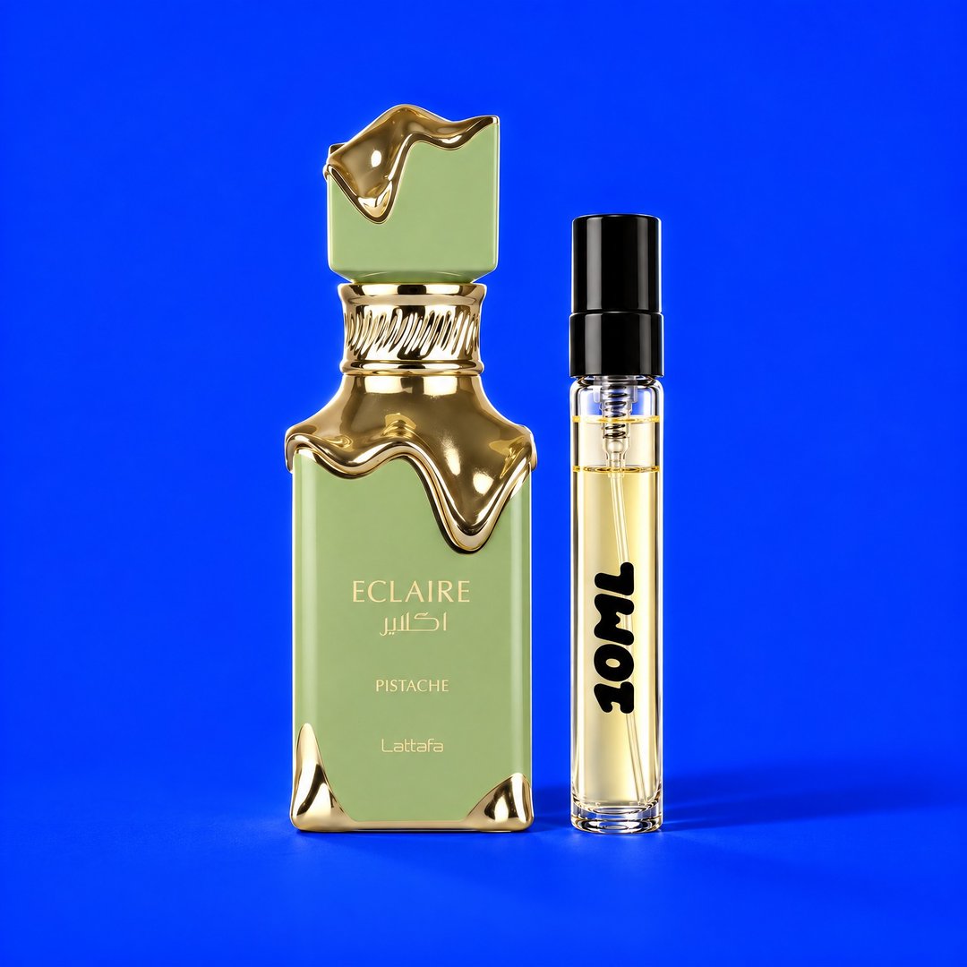 10 ml decant of Eclaire Pistache by Lattafa next to the original bottle