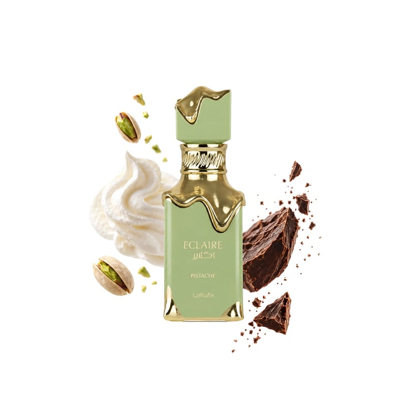 Eclaire Pistache by Lattafa, bottle pictured with its key notes: Pistachio, Whipped Cream and Cacao
