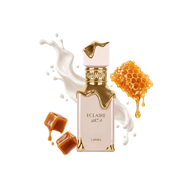 Eclaire by Lattafa, bottle pictured with its key notes: Caramel, Milk and Honey