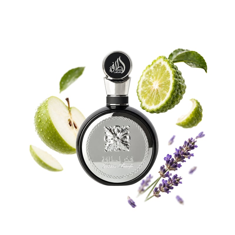 Fakhar Black by Lattafa, bottle pictured with its key notes: Apple, Bergamot and Lavender