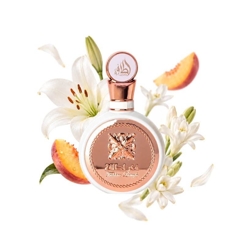 Fakhar Rose by Lattafa, bottle pictured with its key notes: Fruits, Lily and Tuberose