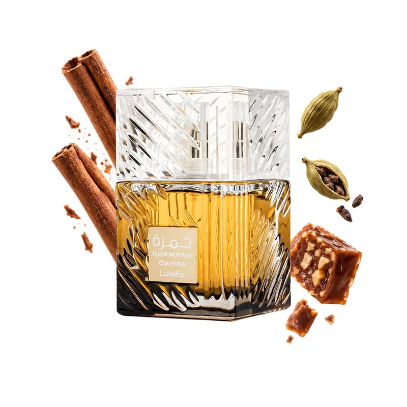 Khamrah Qahwa fra Lattafa, flaske afbildet med sine vigtigste duftnoter: Kanel, Kardemomme og Praline