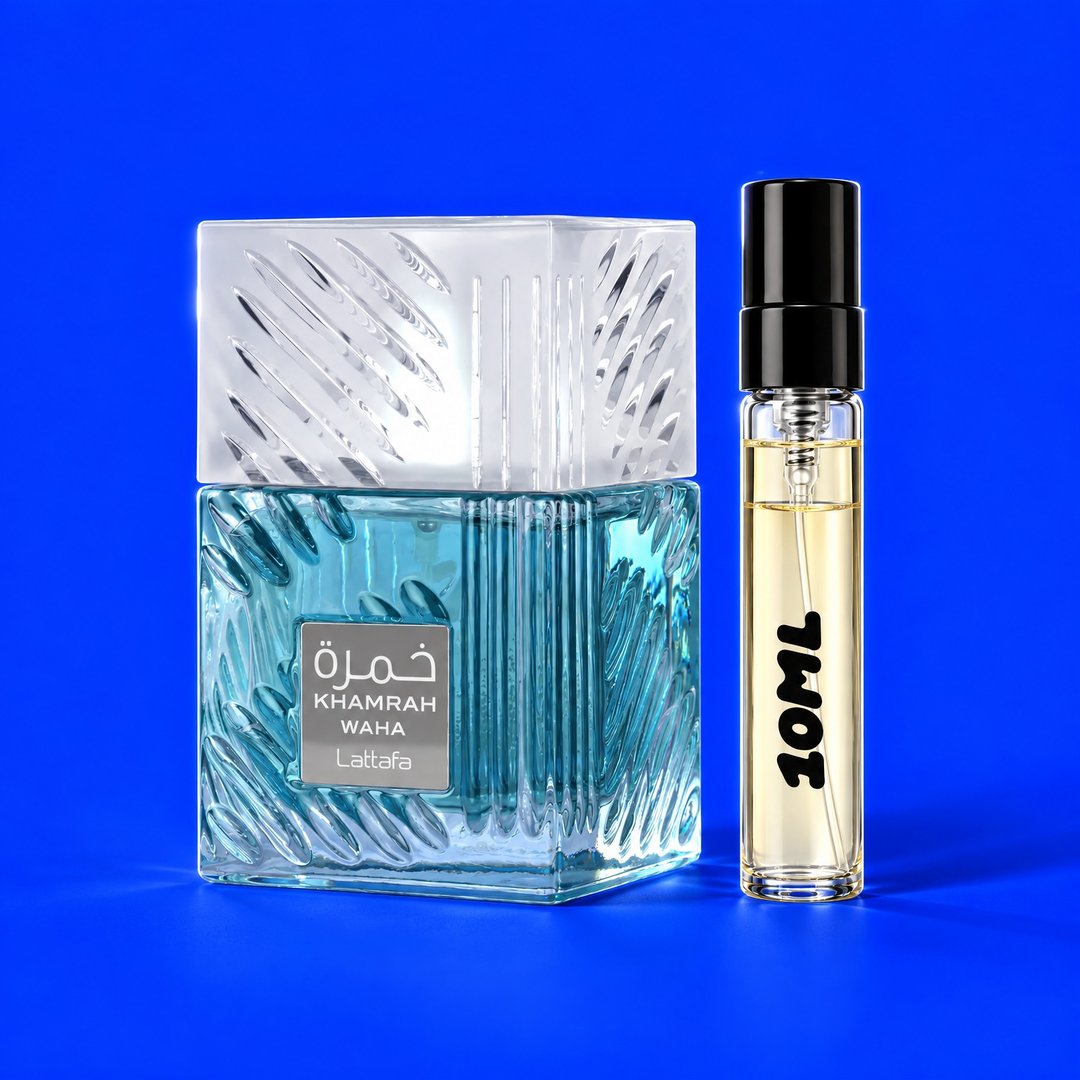 10 ml decant of Khamrah Waha by Lattafa next to the original bottle