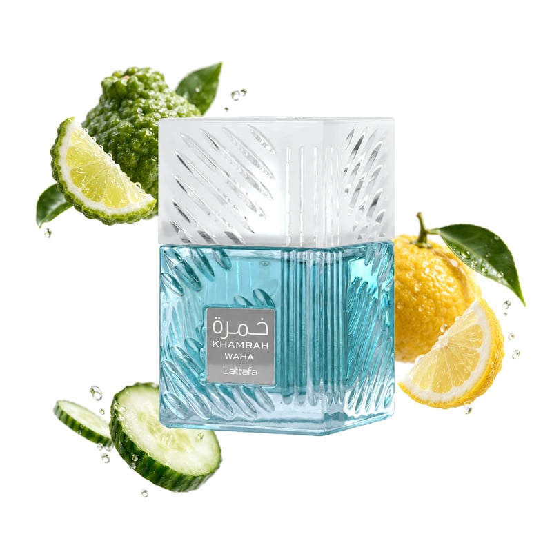 Khamrah Waha by Lattafa, bottle pictured with its key notes: Bergamot, Yuzu and Cucumber