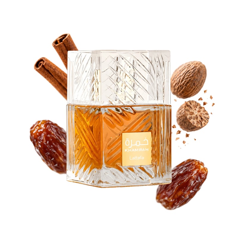 Khamrah by Lattafa, bottle pictured with its key notes: Cinnamon, Nutmeg and Dates