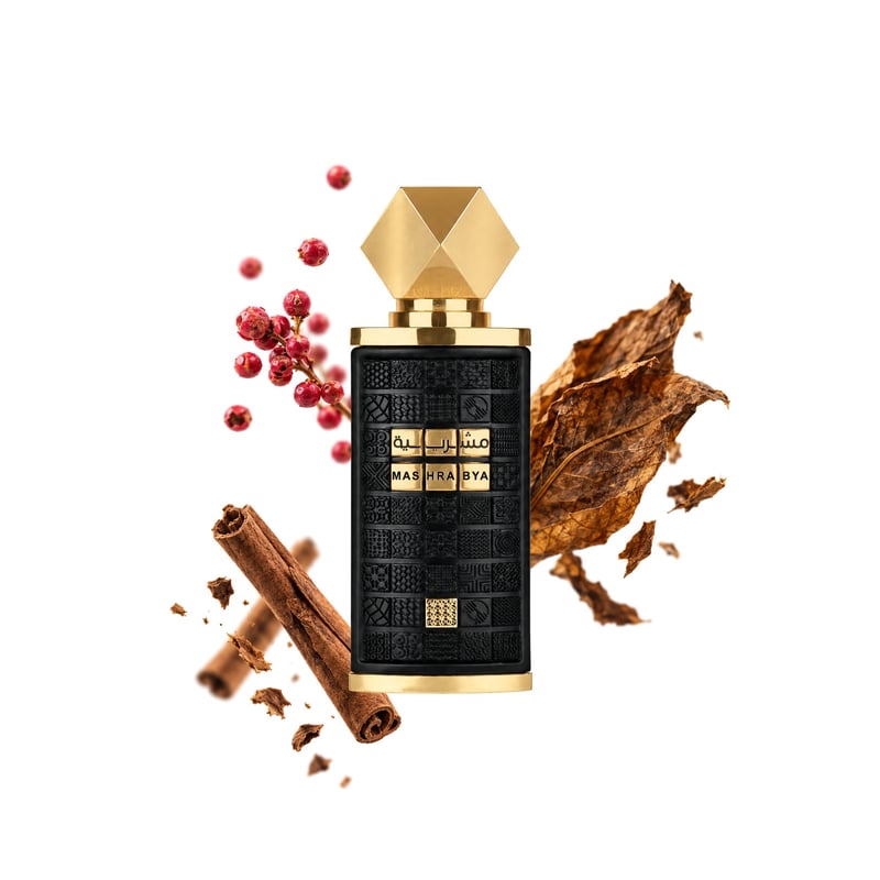 Mashrabya by Lattafa, bottle pictured with its key notes: Pink Pepper, Tobacco and Cinnamon