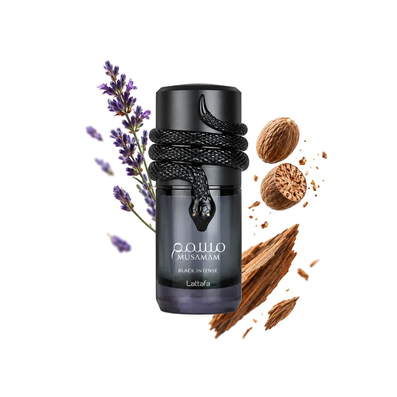 Musamam Black Intense by Lattafa, bottle pictured with its key notes: Lavender, Nutmeg and Cedarwood