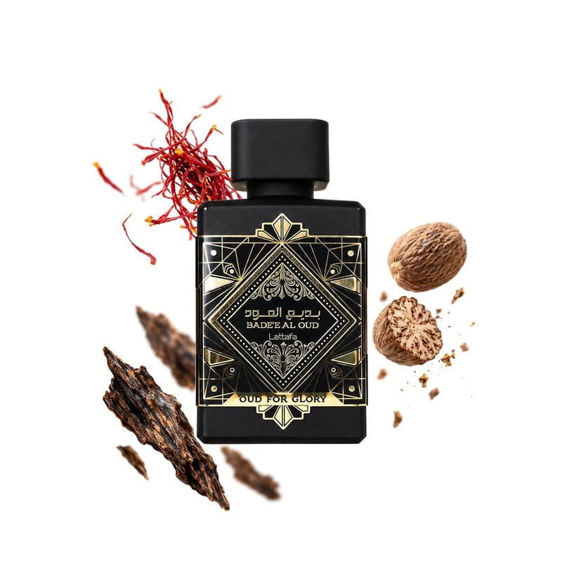 Oud for Glory by Lattafa, bottle pictured with its key notes: Saffron, Nutmeg and Agarwood (oud)