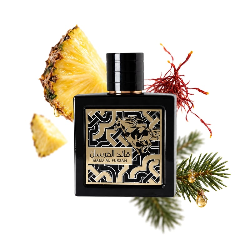 Qaed Al Fursan by Lattafa, bottle pictured with its key notes: Pineapple, Saffron and Balsam Fir