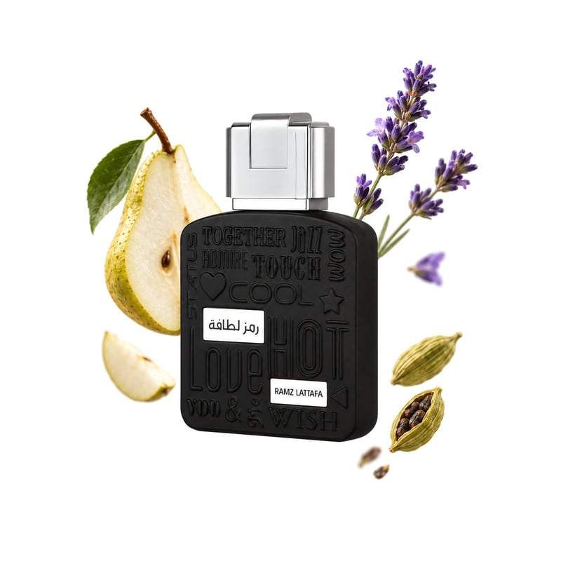 Ramz Silver by Lattafa, bottle pictured with its key notes: Pear, Lavender and Cardamom
