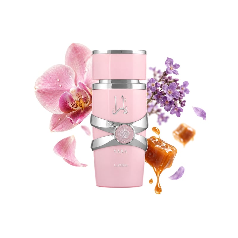 Yara by Lattafa, bottle pictured with its key notes: Orchid, Heliotrope and Gourmand Accord