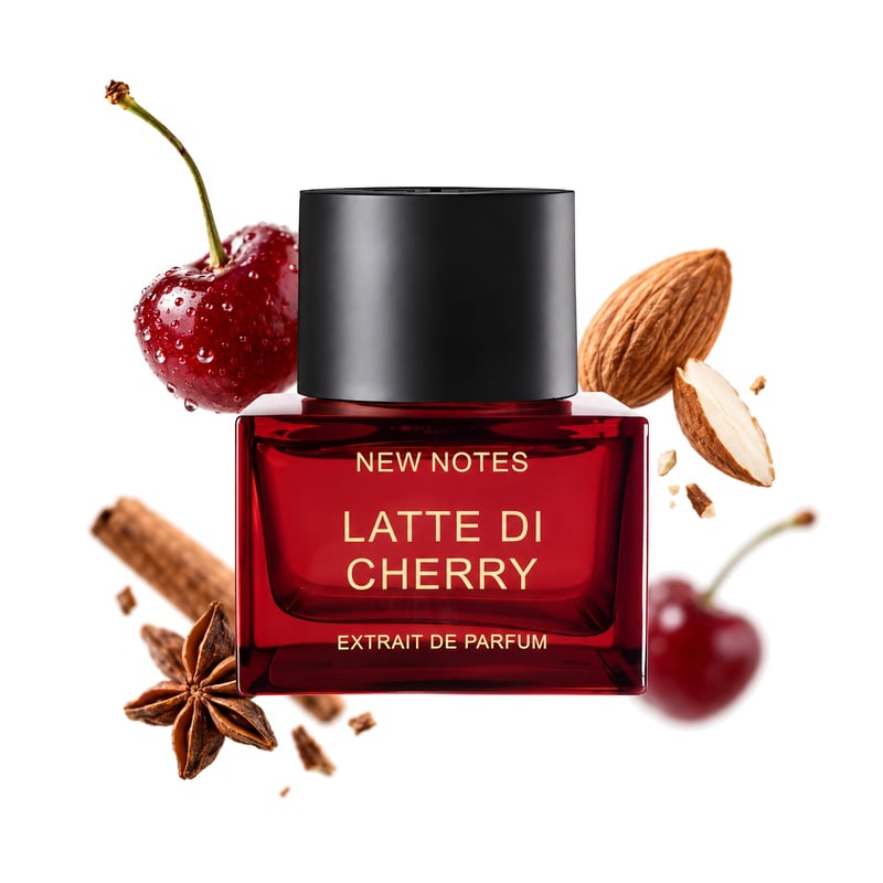 Latte di Cherry by New Notes, bottle pictured with its key notes: Cherry, Almond and Spices