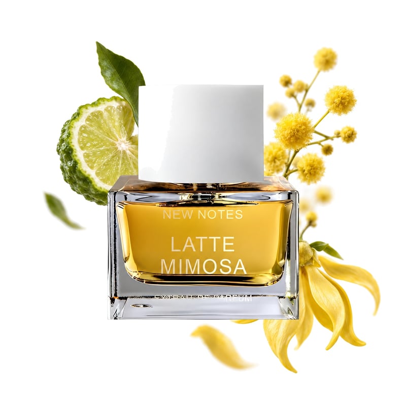 Latte Mimosa by New Notes, bottle pictured with its key notes: Bergamot, Mimosa and Ylang-ylang