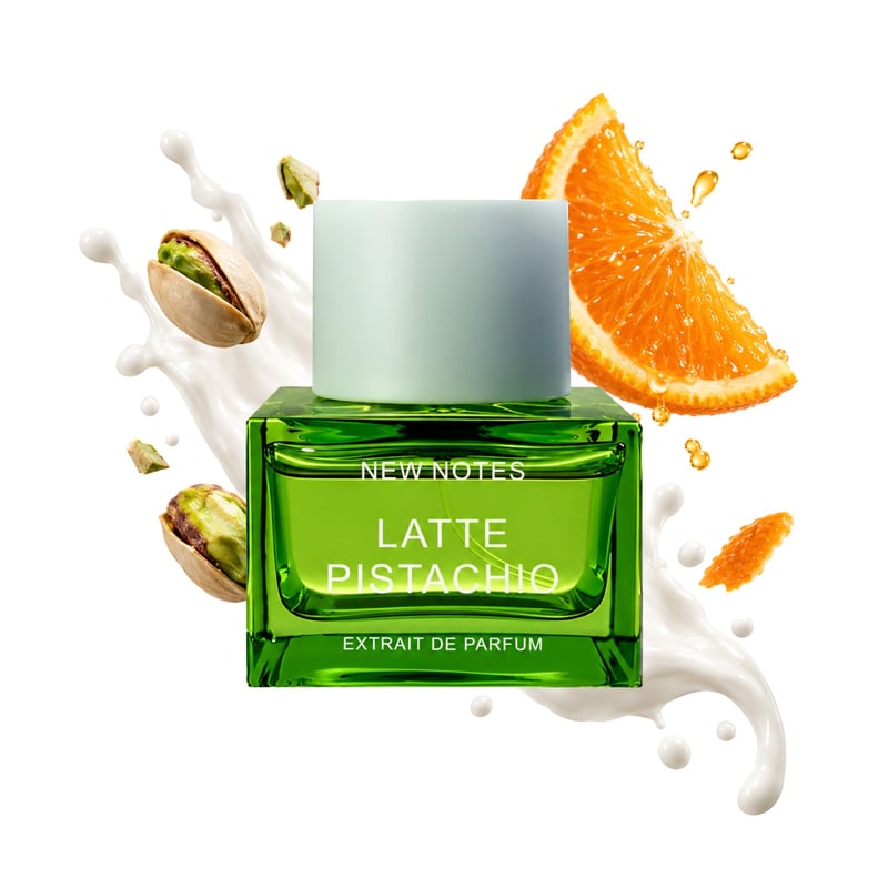 Latte Pistachio by New Notes, bottle pictured with its key notes: Pistachio, Orange and Milk