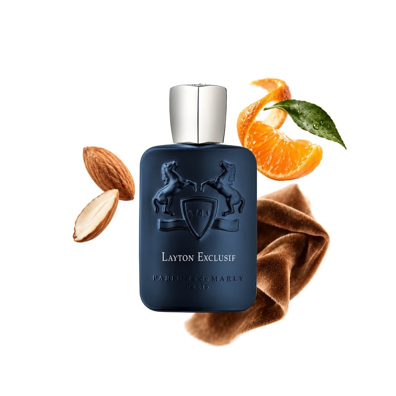 Layton Exclusif von Parfums de Marly, Flakon mit seinen Hauptnoten: Mandel, Mandarine und Zibet