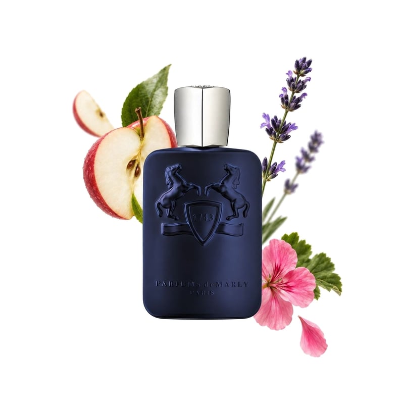 Layton by Parfums de Marly, bottle pictured with its key notes: Apple, Lavender and Geranium