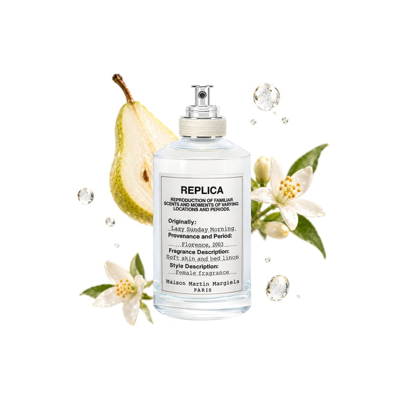 Lazy Sunday Morning by Maison Margiela, bottle pictured with its key notes: Aldehydes, Pear and Orange Blossom