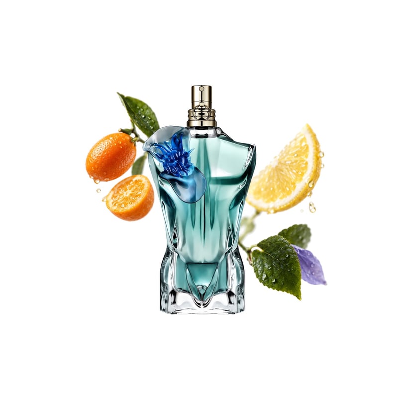 Le Beau Flower Edition by Jean Paul Gaultier, bottle pictured with its key notes: Kumquat, Lemon and Violet Leaf