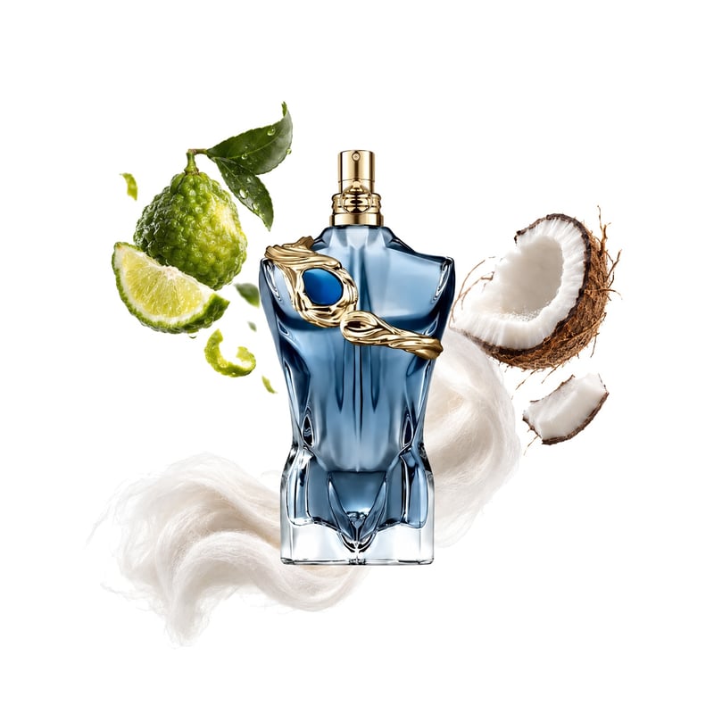 Le Beau Narcisse by Jean Paul Gaultier, bottle pictured with its key notes: Bergamot, Coconut and Musk