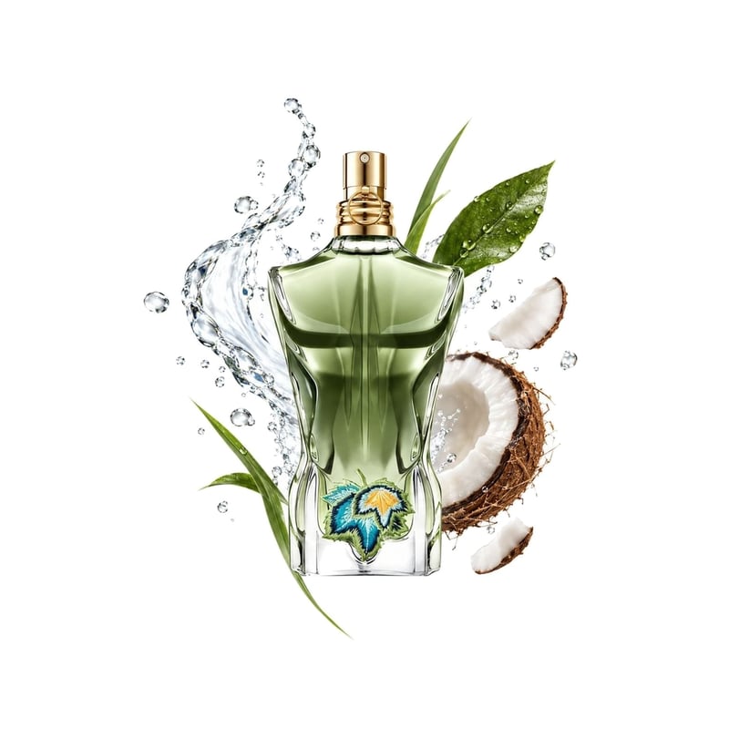 Le Beau Paradise Garden by Jean Paul Gaultier, bottle pictured with its key notes: Green Notes, Watery Notes and Coconut