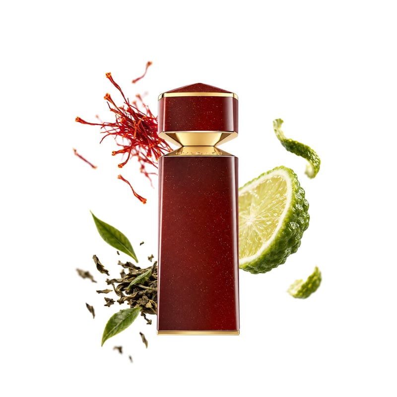 Le Gemme Azaran by Bvlgari, bottle pictured with its key notes: Saffron, Bergamot and Green Tea