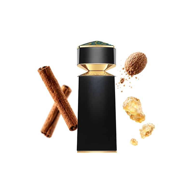Le Gemme Falkar by Bvlgari, bottle pictured with its key notes: Cinnamon, Nutmeg and Olibanum