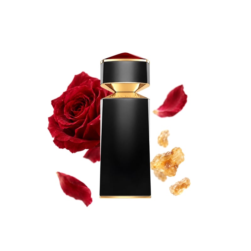 Le Gemme Garanat von Bvlgari, Flakon mit seinen Hauptnoten: Damaszener Rose, Rosenabsolue und Weihrauch