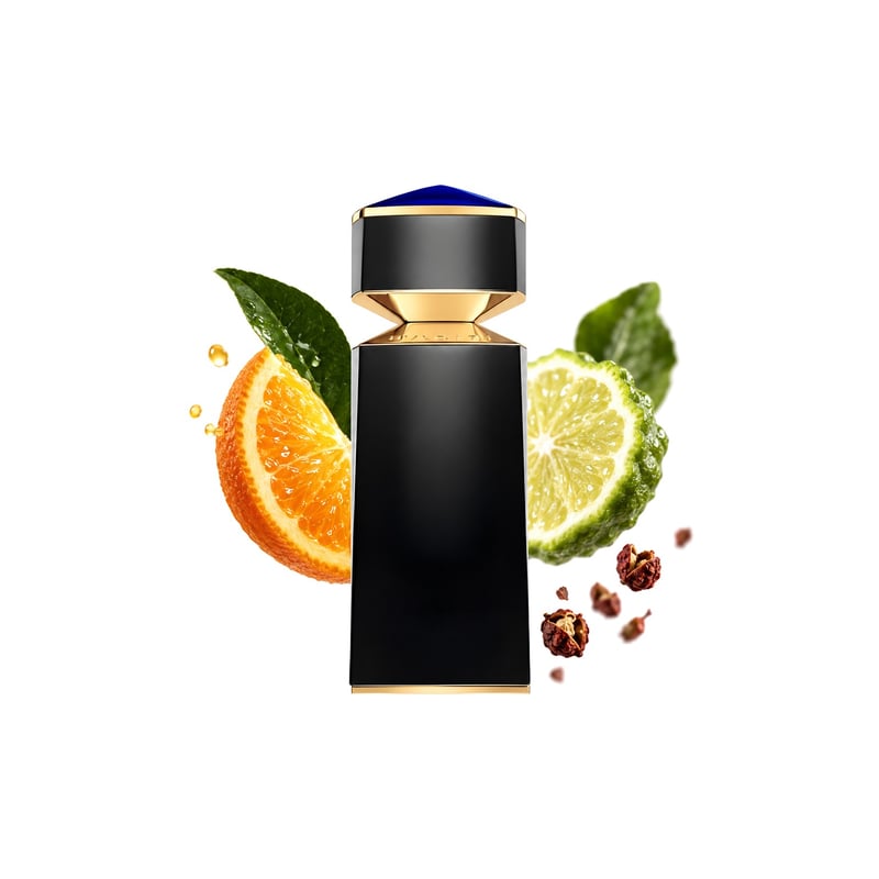 Le Gemme Gyan by Bvlgari, bottle pictured with its key notes: Sicilian Orange, Bergamot and Sichuan Pepper