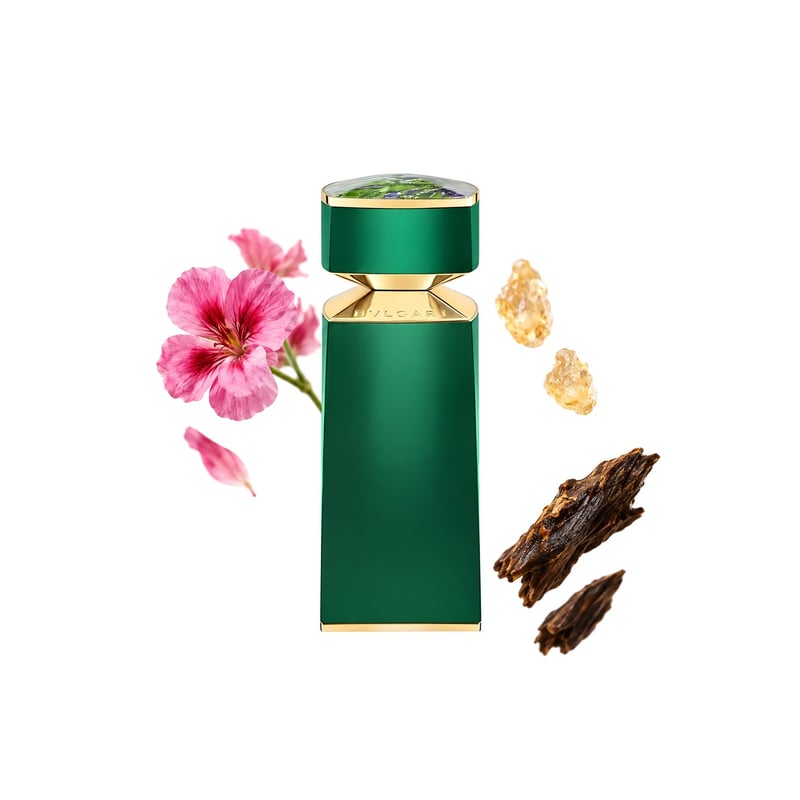 Le Gemme Kobraa by Bvlgari, bottle pictured with its key notes: Geranium, Olibanum and Agarwood (oud)