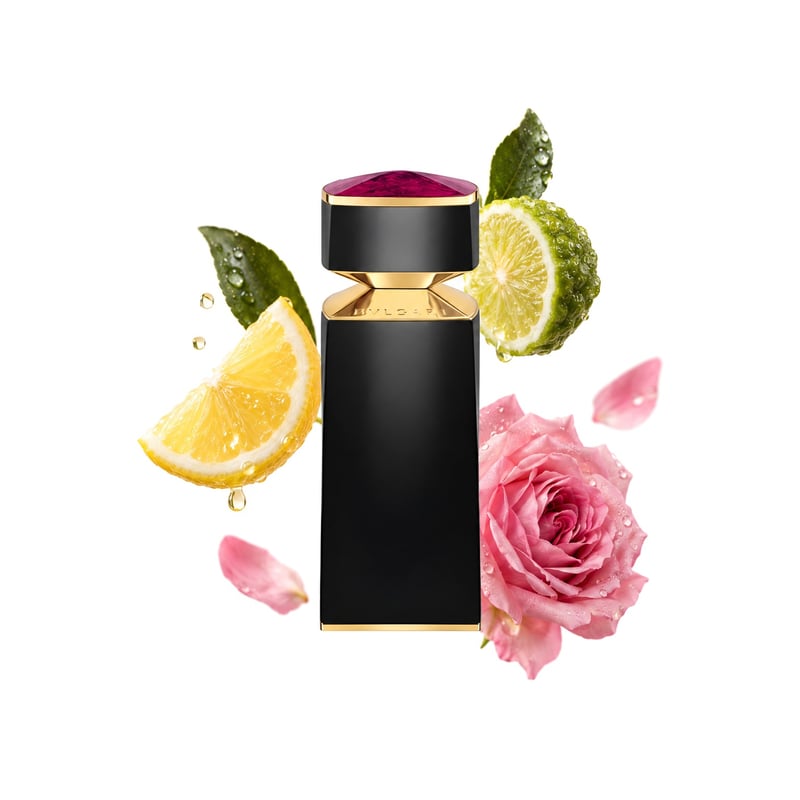Le Gemme Sahare by Bvlgari, bottle pictured with its key notes: Lemon, Bergamot and Taif Rose