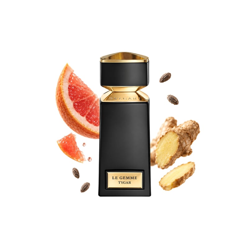 Le Gemme Tygar de Bvlgari, flacon entouré de ses notes clés : Pamplemousse, Ambrette et Gingembre