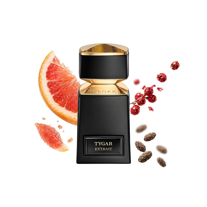 Le Gemme Tygar Extrait von Bvlgari, Flakon mit seinen Hauptnoten: Grapefruit, Rosa Pfeffer und Ambrette