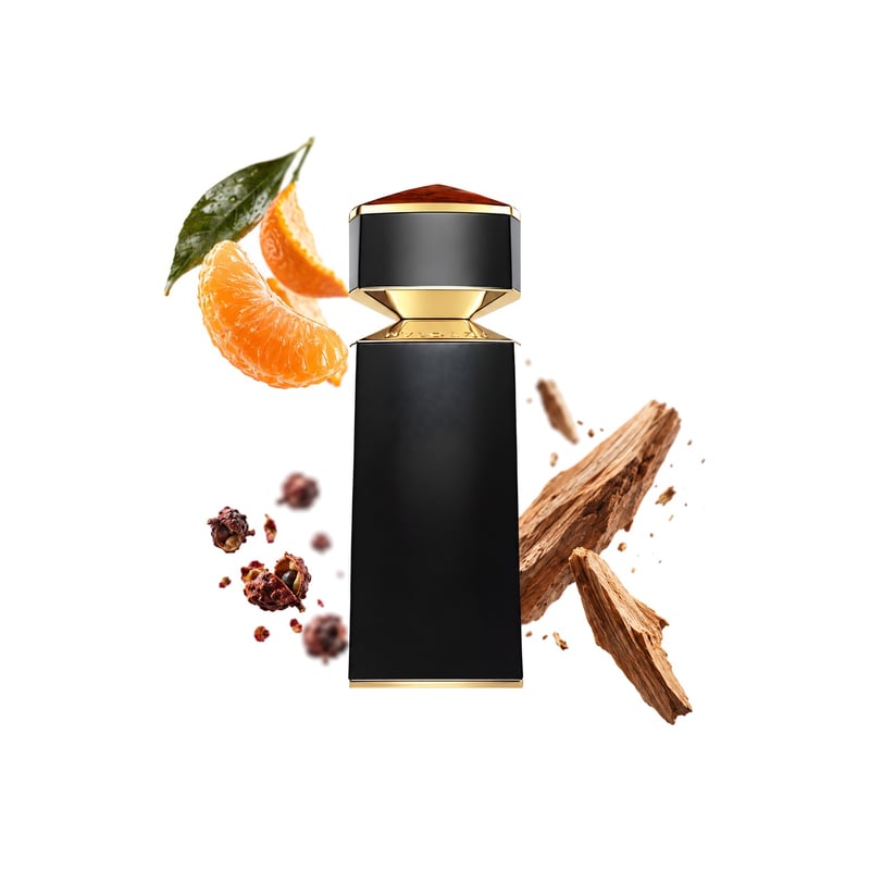 Le Gemme Yasep by Bvlgari, bottle pictured with its key notes: Sichuan Pepper, Sicilian Mandarin and Sandalwood