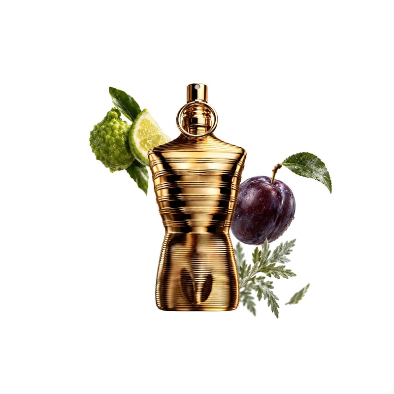 Le Male Elixir Absolu von Jean Paul Gaultier, Flakon mit seinen Hauptnoten: Bergamotte, Pflaume und Artemisia
