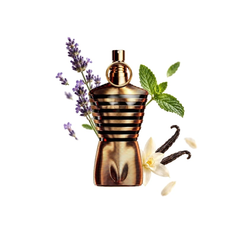 Le Male Elixir by Jean Paul Gaultier, bottle pictured with its key notes: Lavender, Mint and Vanilla