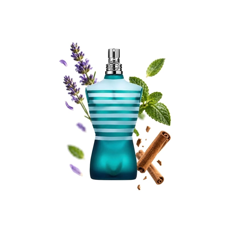 Le Male by Jean Paul Gaultier, bottle pictured with its key notes: Lavender, Mint and Cinnamon