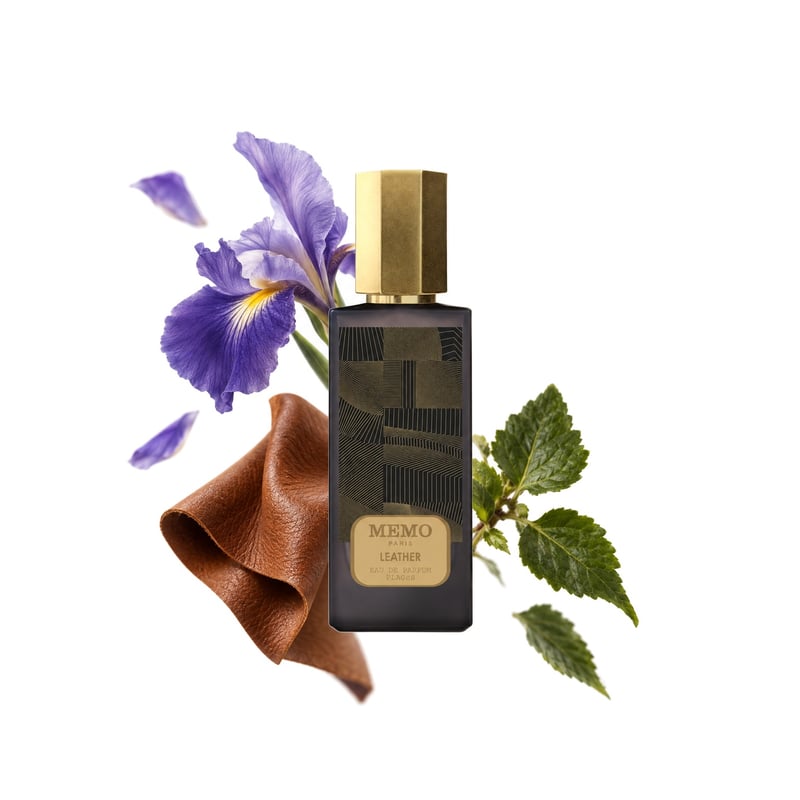 Leather by Memo Paris, bottle pictured with its key notes: Iris, Leather and Patchouli