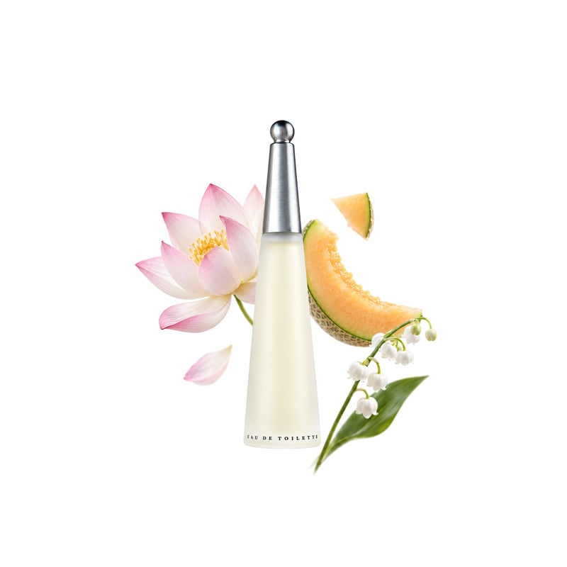 L'Eau d'Issey by Issey Miyake, bottle pictured with its key notes: Lotus, Melon and Lily-of-the-valley