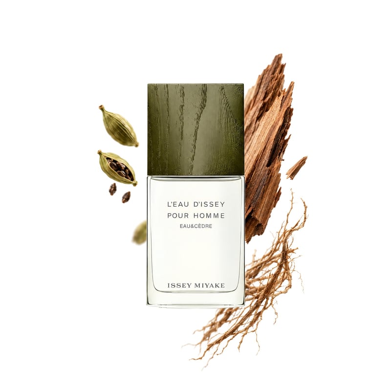L’Eau d’Issey Pour Homme Eau & Cèdre by Issey Miyake, bottle pictured with its key notes: Cardamom, Cedar and Vetiver