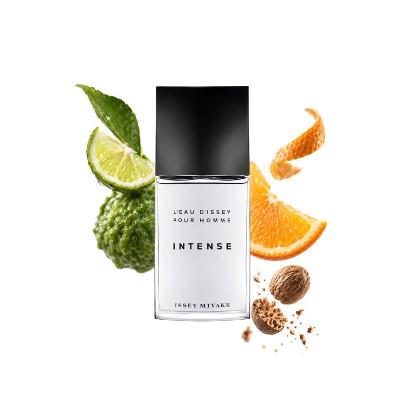 L'Eau d'Issey Pour Homme Intense by Issey Miyake, bottle pictured with its key notes: Bergamot, Sweet Orange and Nutmeg