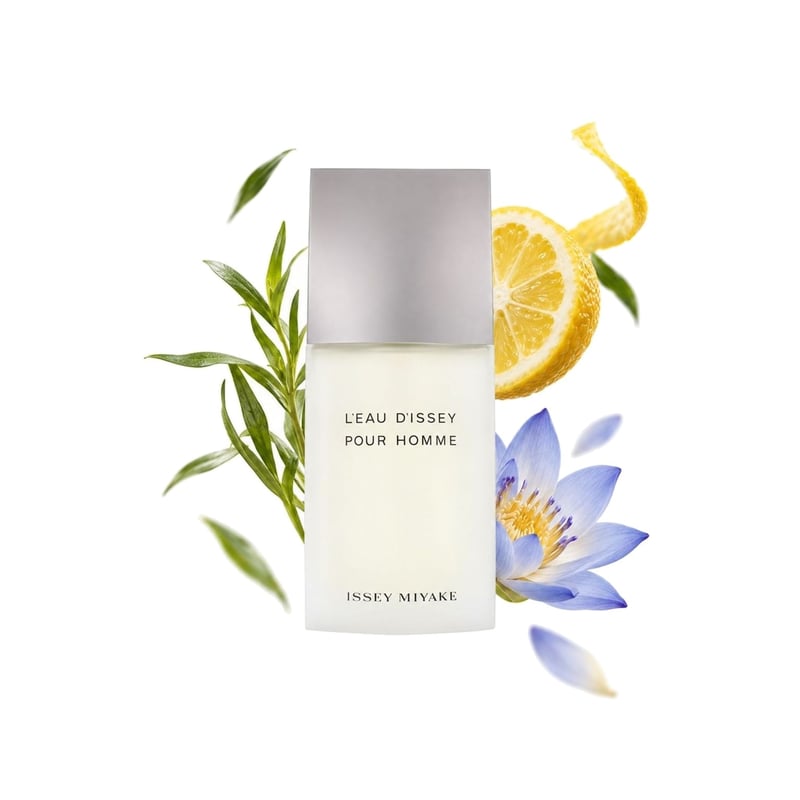 L'Eau d'Issey Pour Homme by Issey Miyake, bottle pictured with its key notes: Tarragon, Yuzu and Blue Lotus