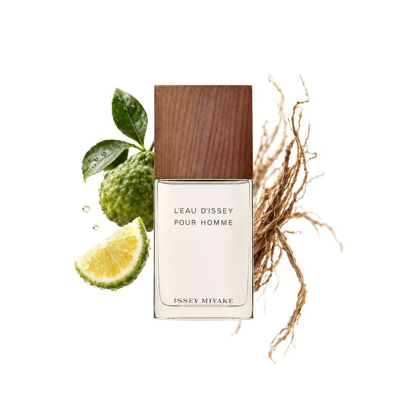 L’Eau d’Issey pour Homme Vetiver by Issey Miyake, bottle pictured with its key notes: Citrus, Bergamot and Vetiver