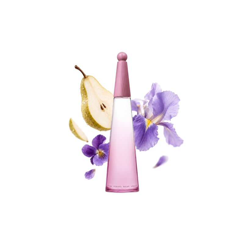 L'Eau d'Issey Solar Violet by Issey Miyake, bottle pictured with its key notes: Pear, Violet and Iris