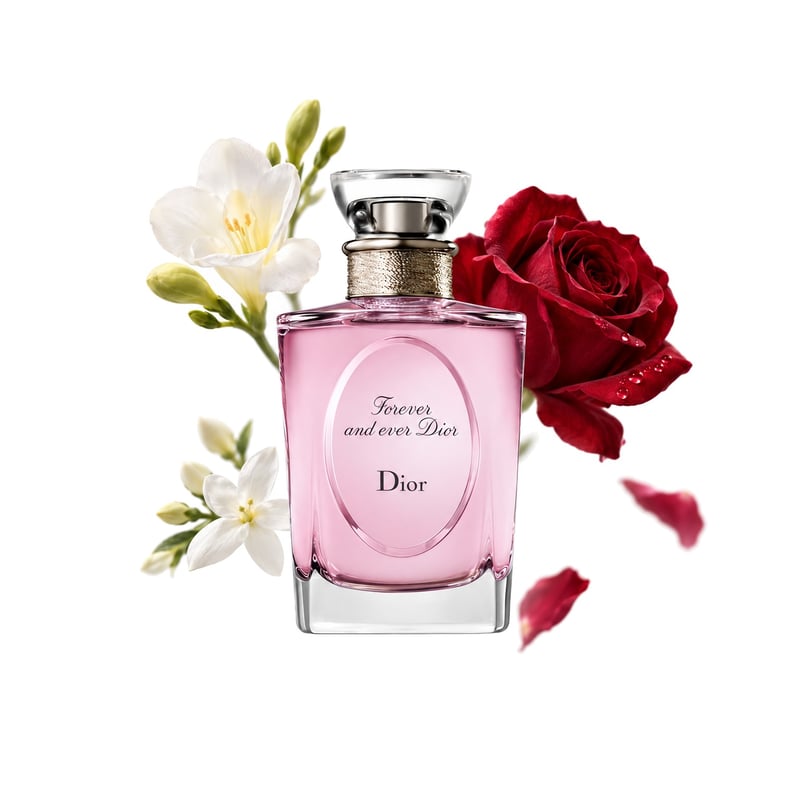 Les Creations de Monsieur Dior Forever and Ever by Dior, bottle pictured with its key notes: Freesia, Jasmine and Tincture Of Rose