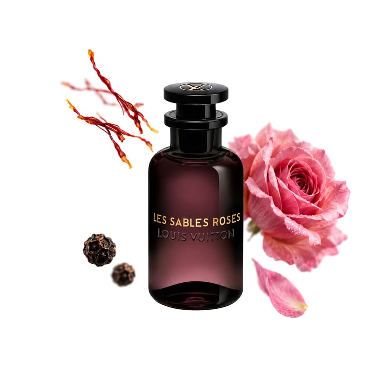 Les Sables Roses by Louis Vuitton, bottle pictured with its key notes: Saffron, Black Pepper and Bulgarian Rose