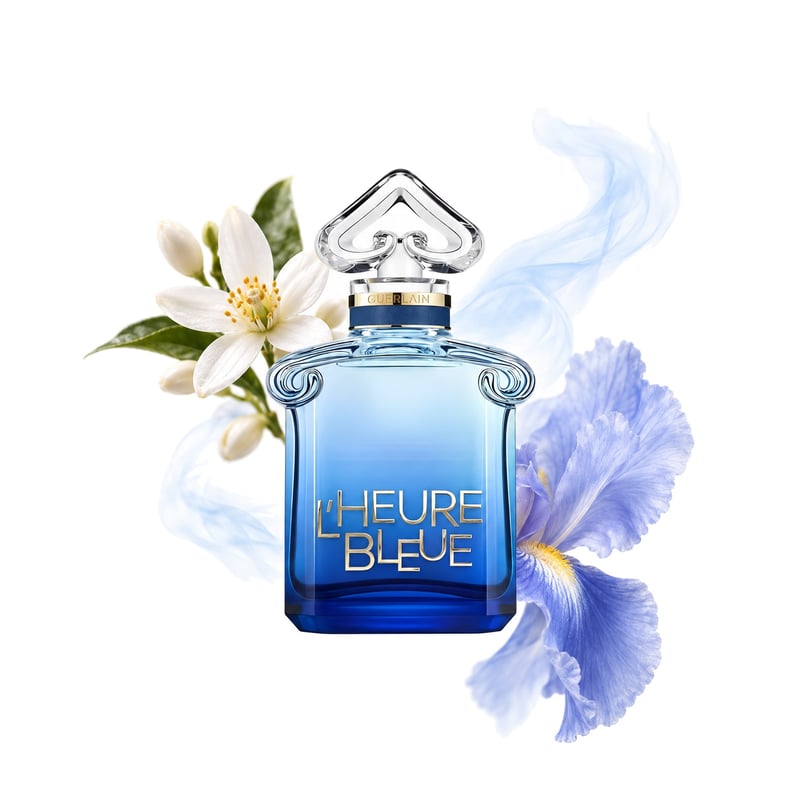 L'Heure Bleue de Guerlain, frasco con sus notas principales: Notas ozónicas, Azahar e Iris