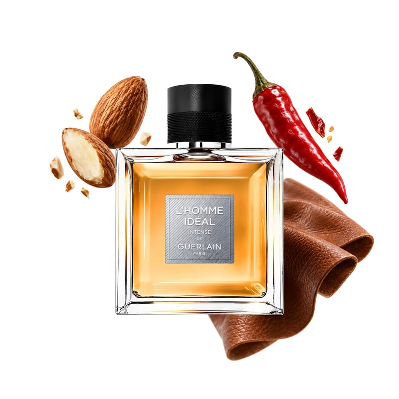 L'Homme Idéal L'Intense de la Guerlain, flacon alături de notele principale: Migdale, Ardei iute și Piele