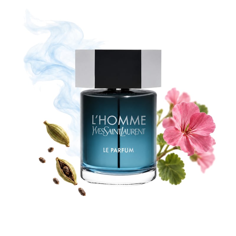 L'Homme Le Parfum by Yves Saint Laurent, bottle pictured with its key notes: Ozonic Notes, Cardamom and Geranium