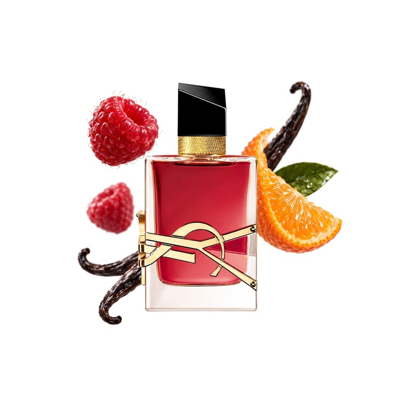 Libre Berry Crush by Yves Saint Laurent, bottle pictured with its key notes: Raspberry, Mandarin and Bourbon Vanilla